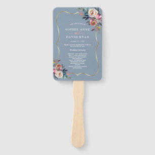 Misty Rose Dusty Blue Floral Gold Wedding Program Hand Fan