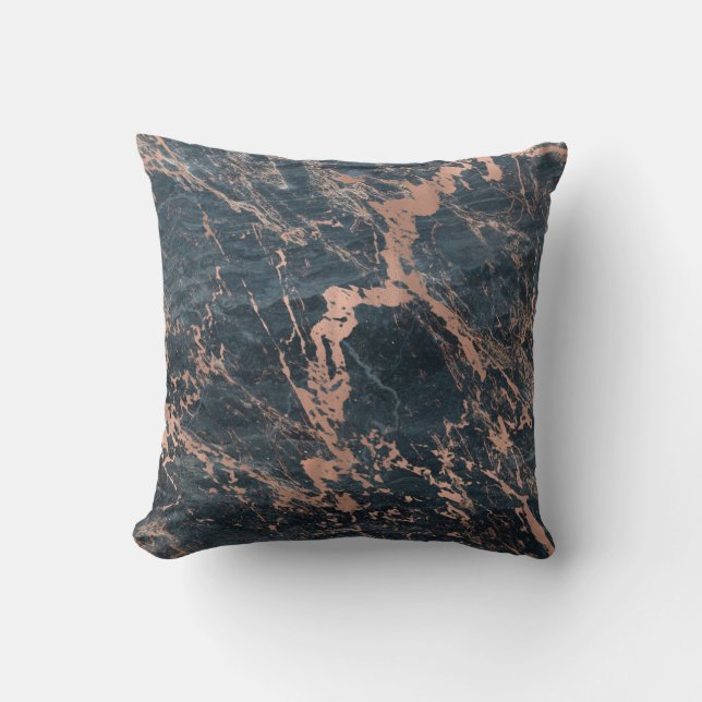 Misty Rustic Blue & Rose Gold Pink Glam Marble Cushion (Front)
