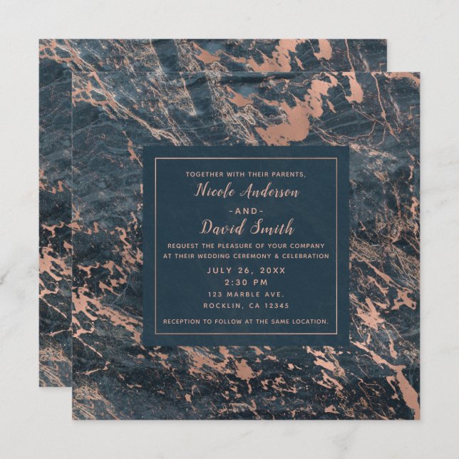 Misty Rustic Blue & Rose Gold Pink Glam Marble Invitation (Front/Back)