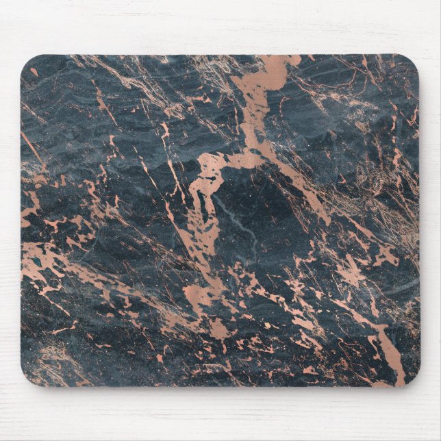 Misty Rustic Blue & Rose Gold Pink Glam Marble Mouse Pad (Front)