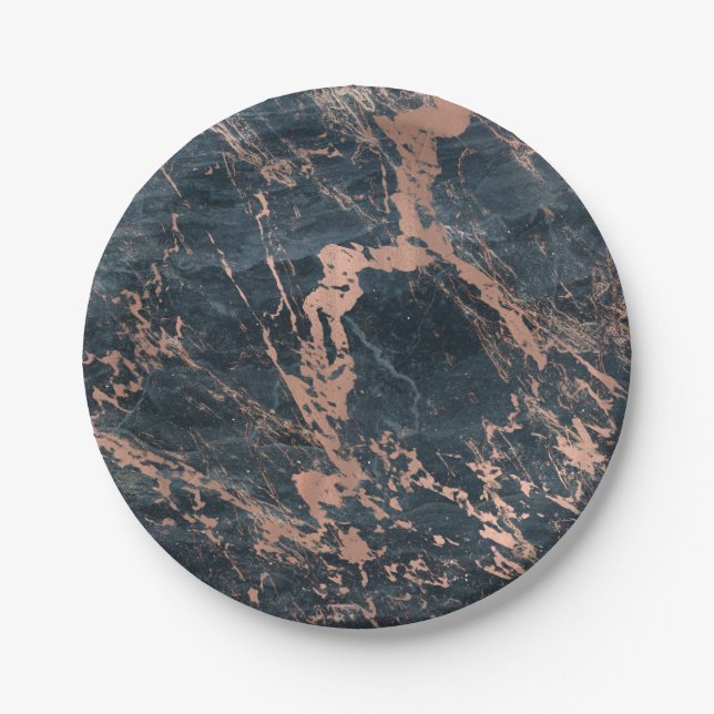 Misty Rustic Blue & Rose Gold Pink Glam Marble Paper Plate (Front)