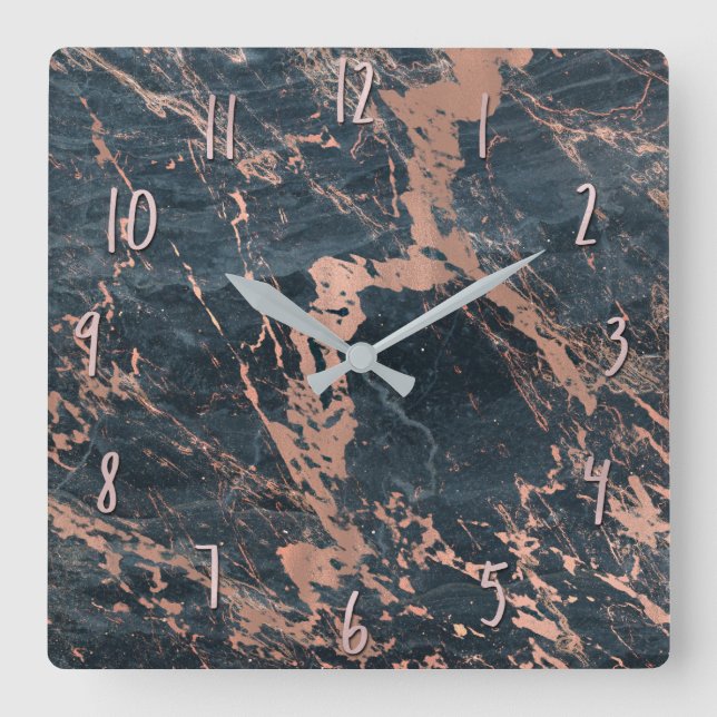 Misty Rustic Blue & Rose Gold Pink Glam Marble Square Wall Clock (Front)
