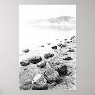 Misty Shoreline Stones Black and White Poster