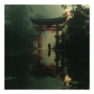 Misty Torii Gate Dawn Solitude Figure Poster