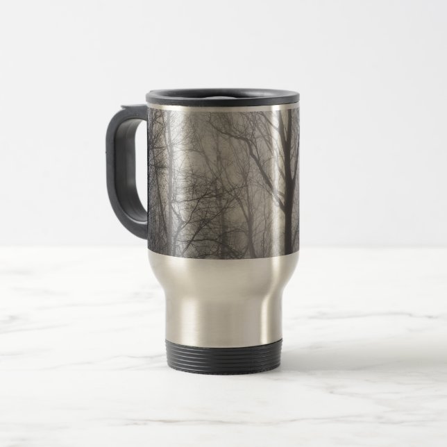 Misty Trees Grey Woodland Travel Mug (Front Left)