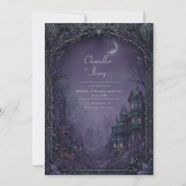 Misty Violet Moonlit Gothic Manor Wedding Invitation (Front)