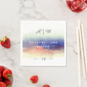 misty watercolor landscape monogram wedding napkin