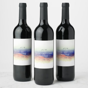 misty watercolor landscape monogram wedding wine label