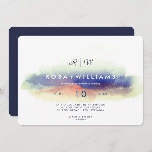 misty watercolor landscape monogrammed wedding  invitation