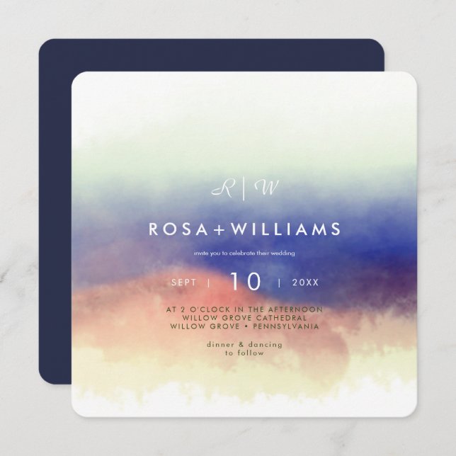 misty watercolour landscape monogrammed wedding invitation (Front/Back)
