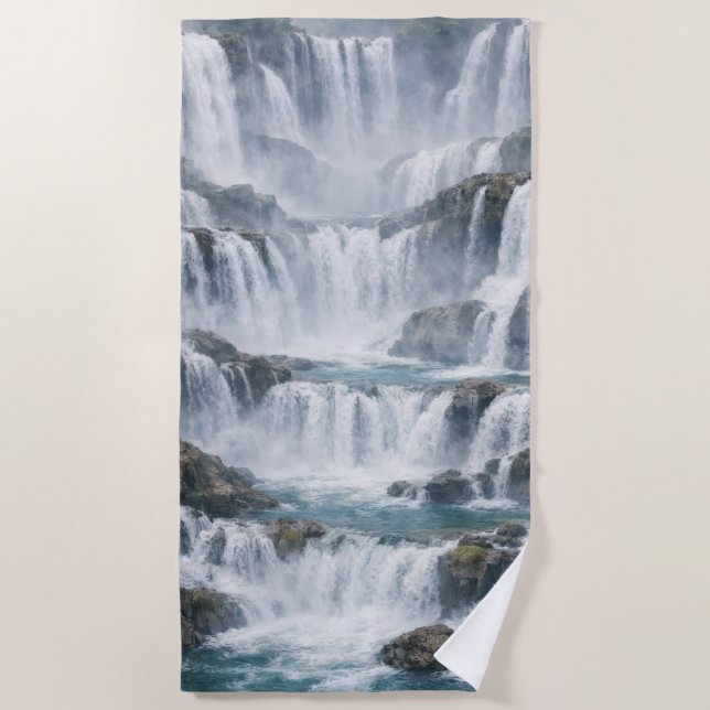 Misty Waterfall Landscape Beach Towel (Front)