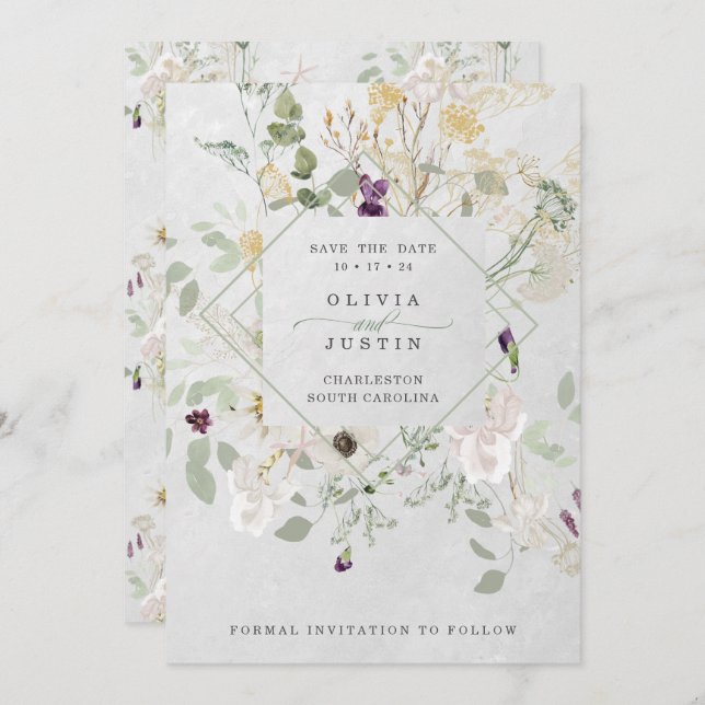 Misty Wildflowers | Delicate Grey Geometric Save The Date (Front/Back)