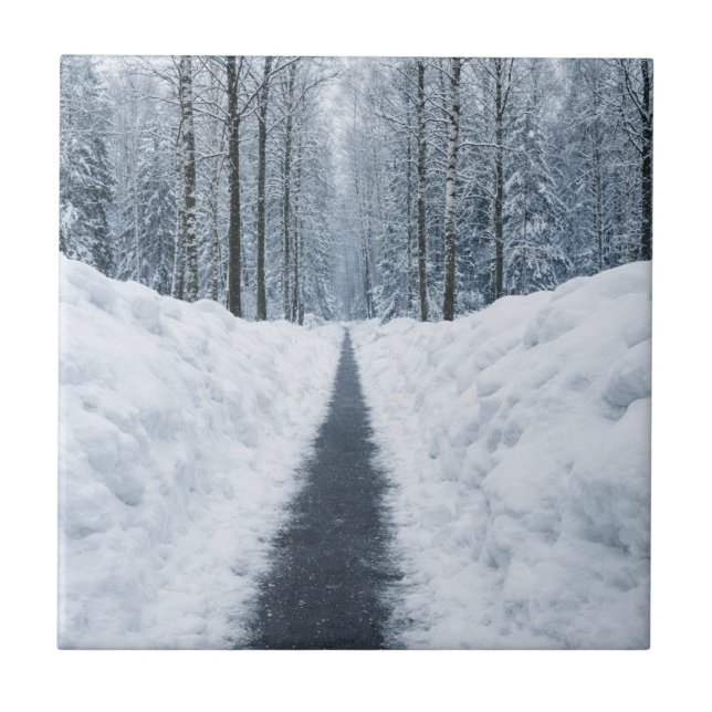 Misty Winter Forest Path Winter Landscape Ceramic Tile (Front)