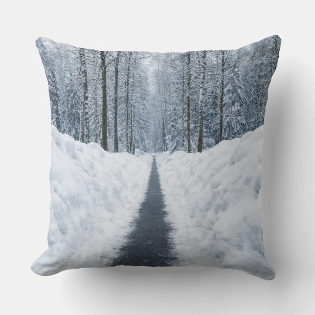 Misty Winter Forest Path Winter Landscape Cushion (Front)