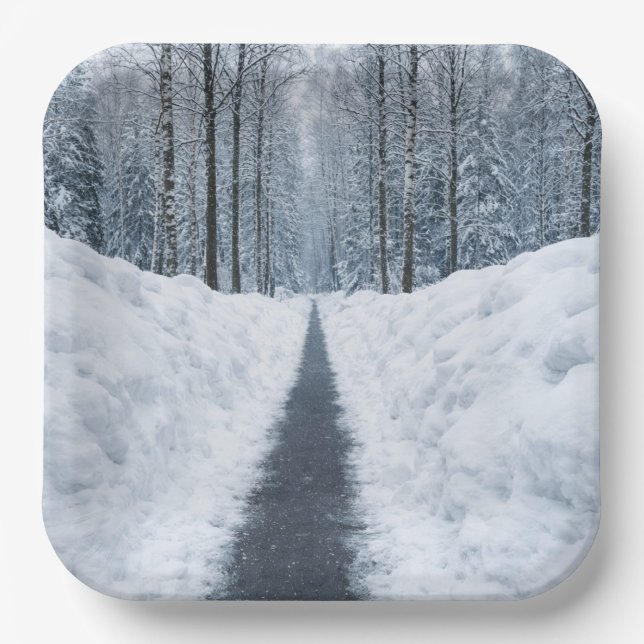 Misty Winter Forest Path Winter Landscape Paper Plate (Front)