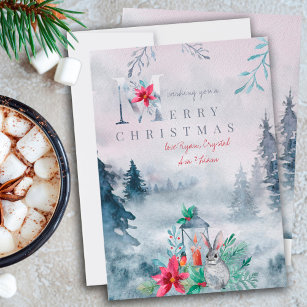 Misty Winter Forest Watercolor Lantern Glow  Holiday Card