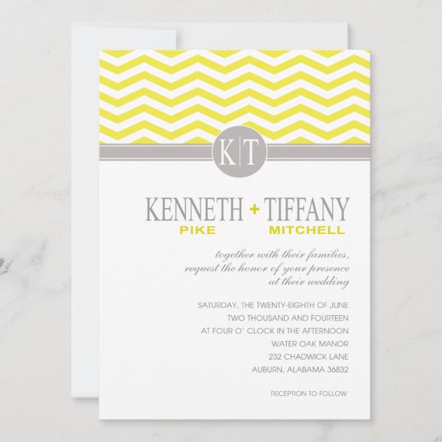 Mitchell Chevron Monogram yellow Wedding Invitation (Front)