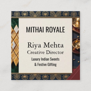 Mithai Royale Emerald Paisley Art Lotus Motif Gold Square Business Card
