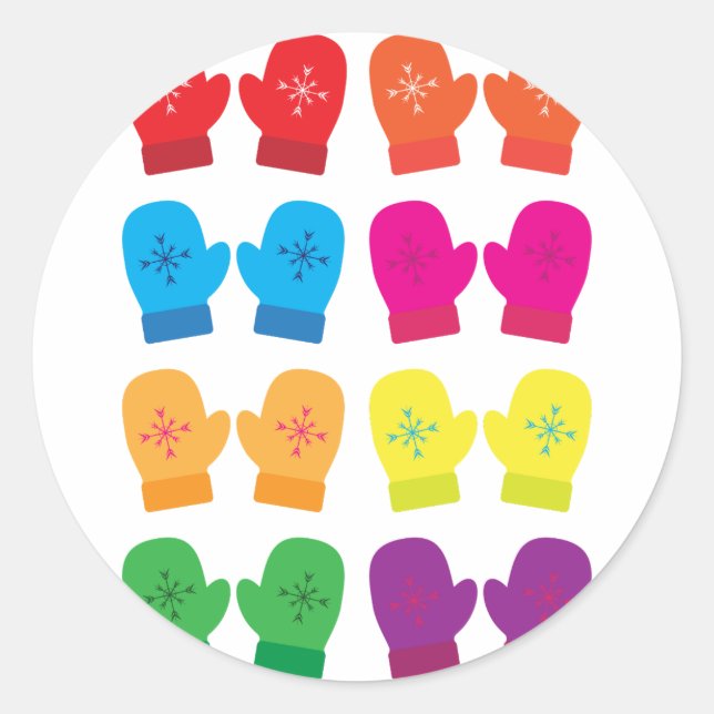 Mittens Colours Colourful Snowflakes Winter Wear Classic Round Sticker (Front)