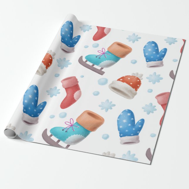 Mittens, Skates & Hat Holiday Wrapping Paper (Unrolled)