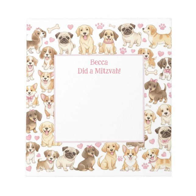 Mitzvah Note Notepad for Kids with Cute Puppy Dogs (Front)