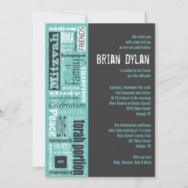 MITZVAH WORDS SAYINGS Bar Bat Invitation Invite (Front)