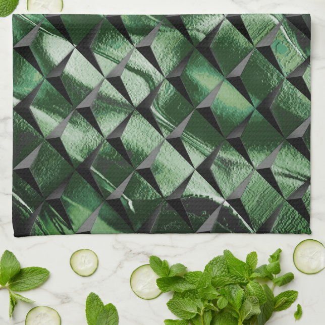 Mix 3D squares with dark green image of background Tea Towel (Folded)