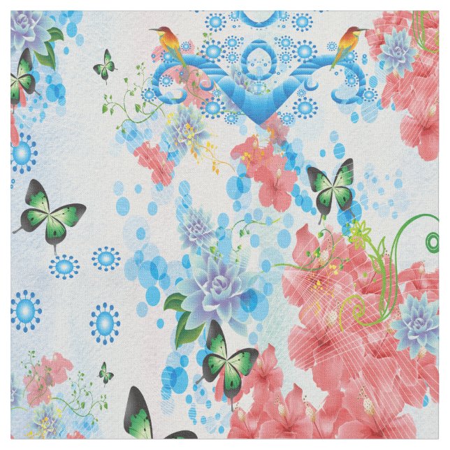 Mix Blue abstract with salmon colour flowers Fabric (Close Up)