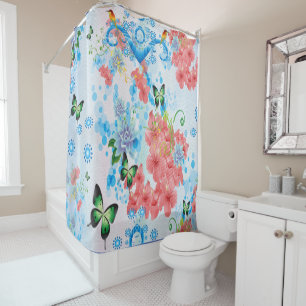 Mix Blue abstract with Salmon flowers Shower Curtain