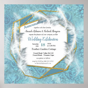 Mix Blue Pattern, Feathers &  Gold frame Poster