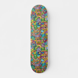 Mix of funny doodles in a playful carnival pattern skateboard