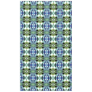 Mix of shapes in blue and greenish clear, metallic tablecloth