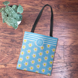 Mix Pattern Floral N Stripes Cyan Monogram Tote Bag