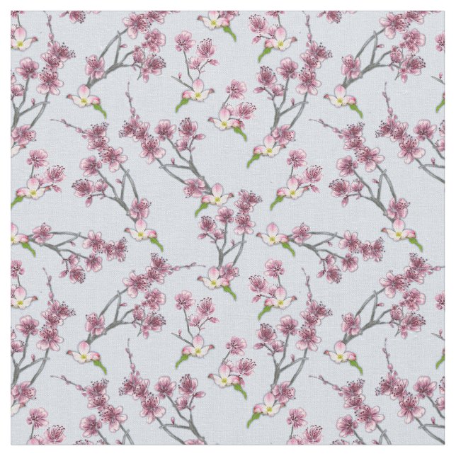 Mix Pink & Green graphic Flowers on L Blue Fabric (Close Up)