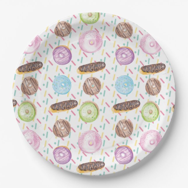 Mix Watercolor Frosted Doughnut and Sprinkles Paper Plate (Front)