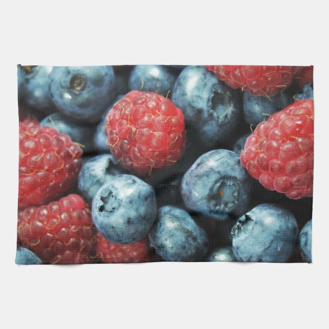 Mixed berries (blueberries and raspberries) design tea towel (Horizontal)