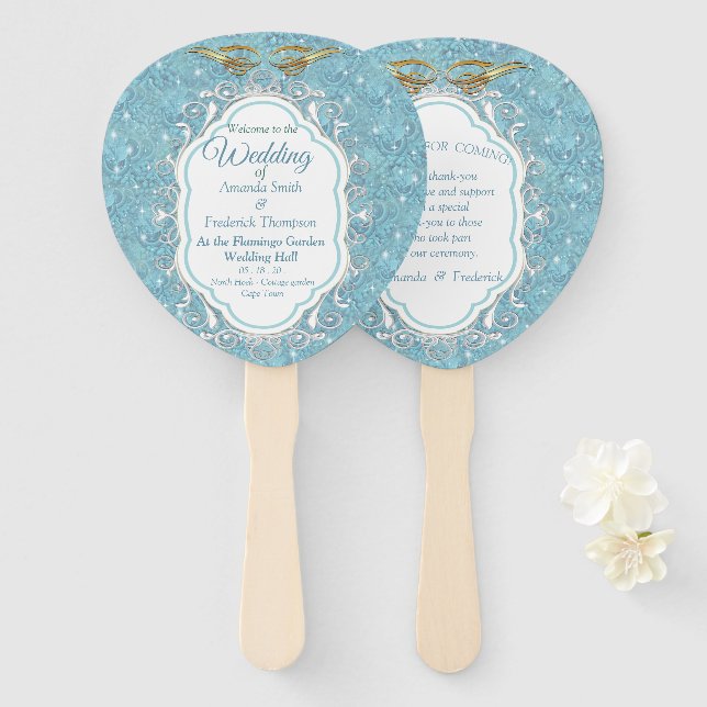 Mixed Blue Silky Pattern with White Sparkles Hand Fan (Front and Back)