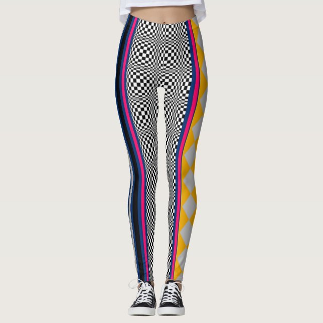 Mixed Chequered Argyle Stripes Texture Pattern Leggings (Front)