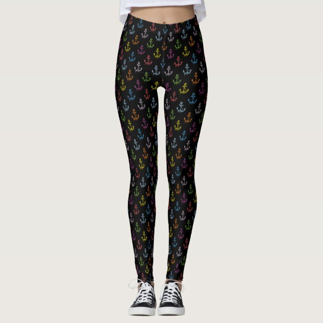 Mixed Colours Nautical Anchors Pattern Leggings (Front)