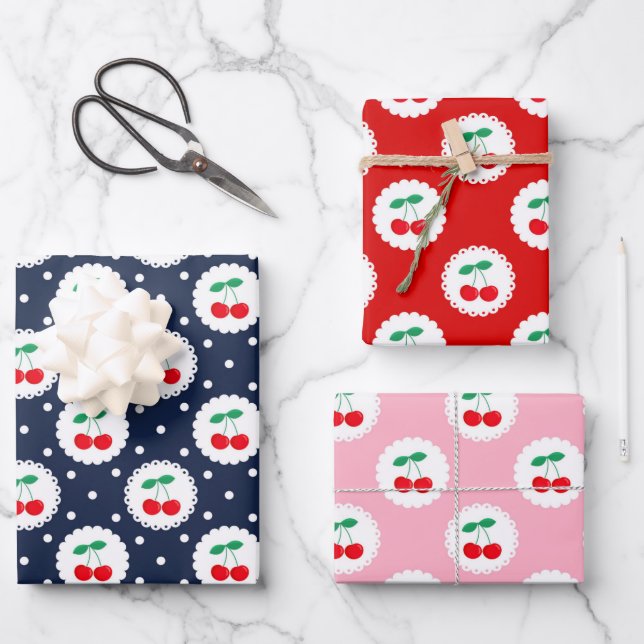 Mixed Cute Summer Red Cherries Wrapping Paper Sheet (Front)
