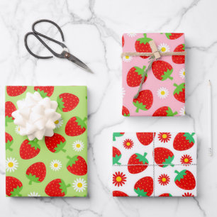 Mixed Cute Summer Strawberries Wrapping Paper Sheet
