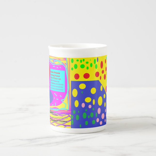 Mixed design peace logo and bright dotty colors bone china mug (Front)