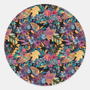 Mixed Fall Floral Leaves Berry Watercolor Pattern Classic Round Sticker