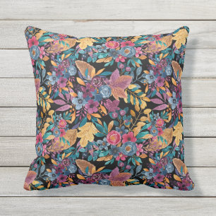 Mixed Fall Floral Leaves Berry Watercolor Pattern Cushion
