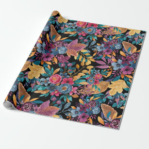 Mixed Fall Floral Leaves Berry Watercolor Pattern Wrapping Paper
