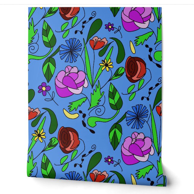 Mixed Floral On Blue Wallpaper (Unrolling)