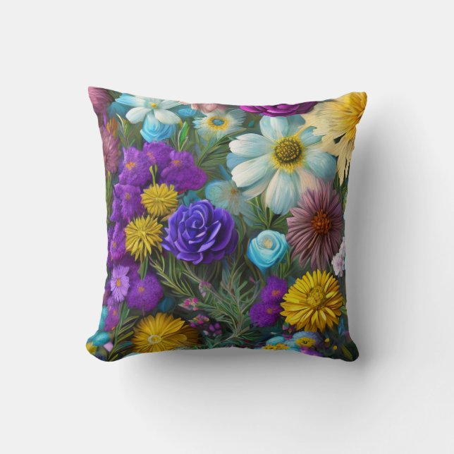 Mixed Flowers, Colourful, Retro Modern Springtime  Cushion (Front)