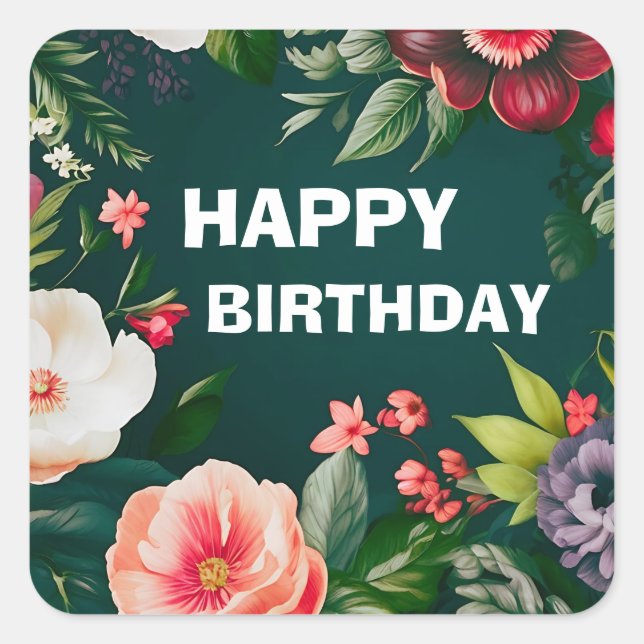 mixed flowers happy birthday square sticker (Front)