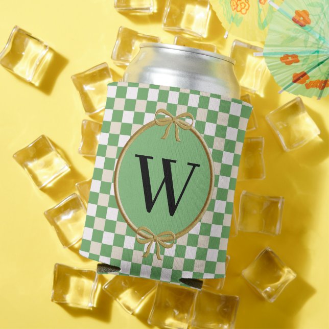 Mixed Green, White Beige Checks & Ribbon Monogram Can Cooler (In Situ Summer)