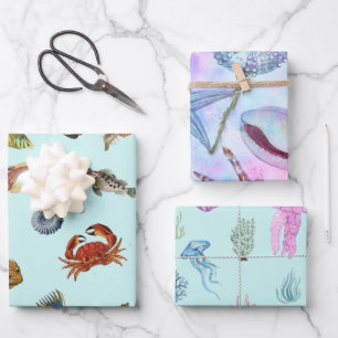 Mixed Marine Life Fish, Shells, Crab, Jellyfish Wrapping Paper Sheet